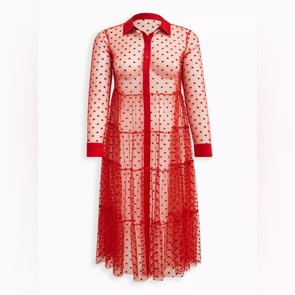 Torrid Red Sheer Heart-Pattern Button-Up Shirt